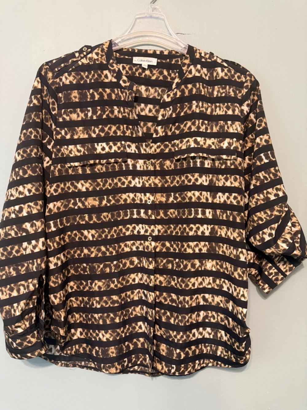 Calvin Klein Black and Tan Striped Animal-Print Button Down Blouse